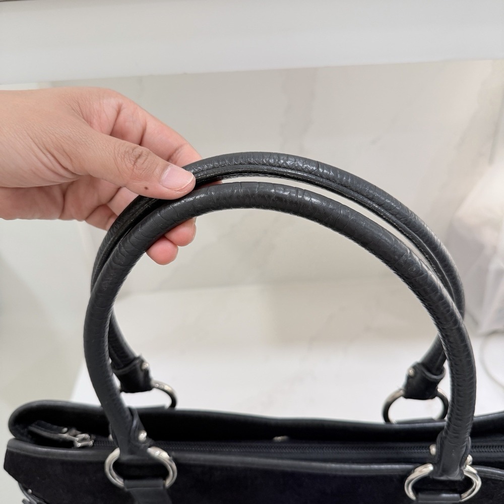 Salvatore Ferragamo Gancini Monogram Black Suede Leather Satchel Bag Vintage - Picture 12 of 14